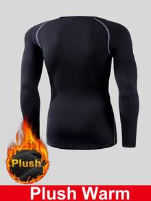 Men's Outdoor Thermal Underwear, Thermal Lined, Thick, Solid Color Long Sleeve Crew Neck Top, Suitable For Cold Weather Outdoor Activities Like Skiing In Autumn/Winter,Fleece,Skiing - Black - View 6