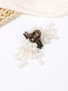 1 件时尚仿珍珠发爪夹，优雅仿珍珠流苏发饰发饰蝴蝶结发夹秋季配饰 - 彩色 - 查看 2