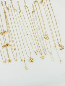 11 piezas Elegante Set de collares vintage de perlas falsas, corazones, rhinestones, mariposas geométricas con rayas verticales y cadena de serpiente de metal multicapa, adecuado para vacaciones, fiestas, citas, regalos y uso diario (sin caja) - Dorado - Ver 7
