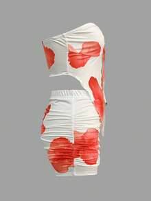 女式夏季印花图案假日吊带背心和褶饰迷你裙两件套 - 白色 - 查看 5