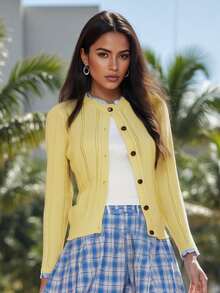 Women's Yellow Plaid Cardigan Color Contrast Sweater With Patchwork Design Cozy Fall Layering Piece - Yellow - View 2