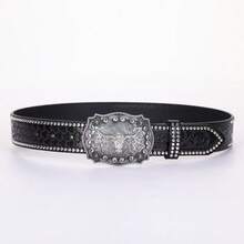 西部牛仔铆钉牛头扣腰带，花卉雕花长带适合搭配男士牛仔裤秋季、秋季、万圣节秋冬配饰，适合青少年、青年、男士、休闲、户外、运动、度假、毕业礼物、生日、日常穿着