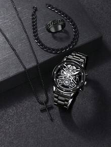1 Set Men's Quartz Watch, Zinc Alloy Case & Chain, Round Dial, Electronic Pointer Display, Includes Pendant Necklace, Bracelet And Ring. Ideal Birthday Gift, Suitable For Daily Wear, Birthday, Party, Holiday Gathering, Perfect For Yourself Or Friends. No Packaging Box. - Black - View 4