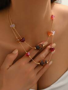 1pc Fashionable & Elegant Bohemian & Gothic Style Assorted Designs Necklace - Leopard Print Weaving, 2025 Rhinestones, Heart Cross, Rainbow Resin Heart, Bowknot, Asymmetrical Metal Ball, Copper Alloy Chain, DIY Handmade Layered Jewelry For Women, Suitable For Daily Wear, Halloween, Valentine's Day, Party, Vacation. Slight Color Variation In Resin Is Normal. - Multicolor - View 5