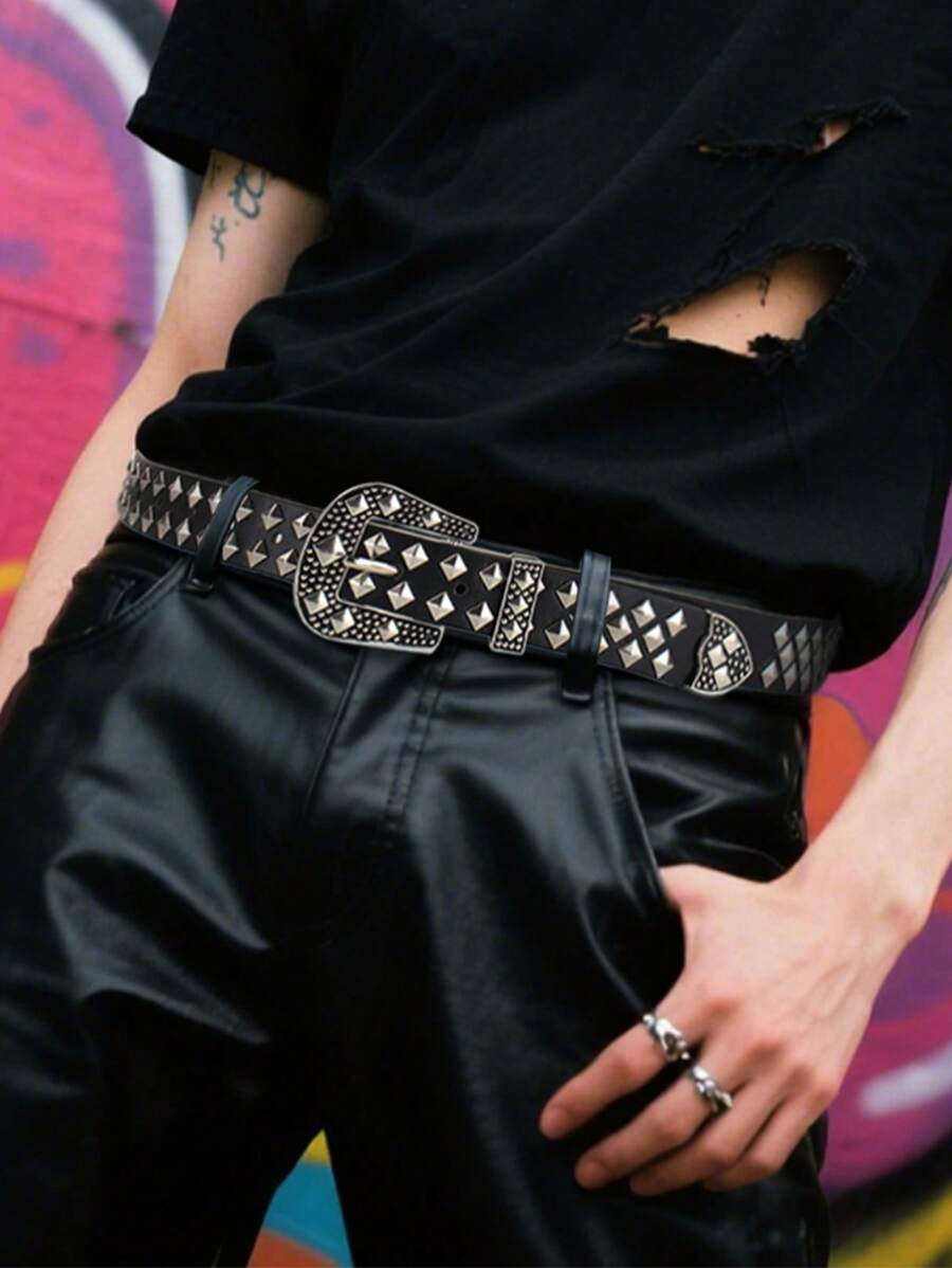 1pc Solid Color Punk Rock Rivet Decor Belt, Suitable For Men, Casual Occasions, Outdoor Activities, Sports, Vacations, Travel, Graduation Ceremonies, Birthdays, Everyday Wear.
