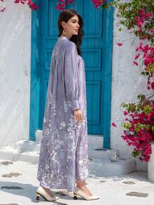 Women's Middle Eastern Arabic Style Elegant Printed Long Dress, Casual For Daily, Holiday, And Party Wear - Purple - View 4