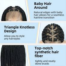 باروكة ضفيرة كاملة الدانتيل بتقنية بدون عقدة، باروكة ضفيرة كاملة الدانتيل مع شعر طفل، باروكة ضفيرة كروشيه يدوية اصطناعية بطول 14 بوصة باللون الأسود الطبيعي للاستخدام اليومي وحفلات الأعياد - الأسود - مشاهدة 4