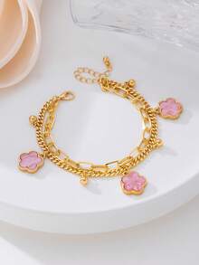 1pc Summer Vacation Elegant Pink Metal Flower & Clover Pendant Multi-Layer Anklet, Suitable For Holidays, Parties, Dates, Gifts, Daily Wear