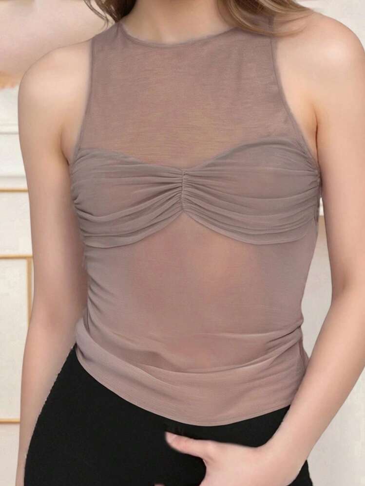 Women's Sheer Mesh Tank Tops Solid Color Sleeveless Round Neck Ruched Front Vest Elegant Shirt - Brown - View 2