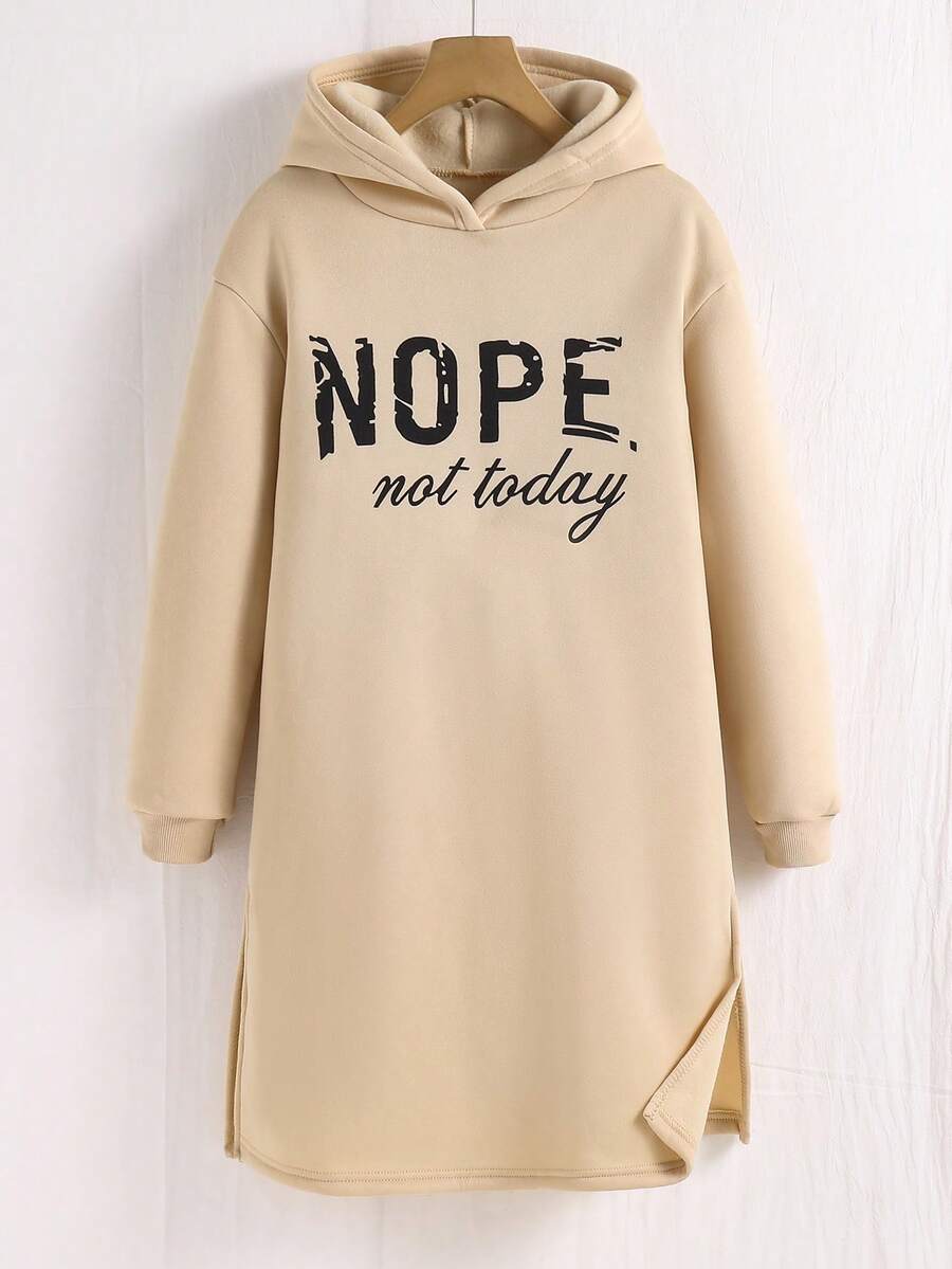 1pc Tween Girls Plush Thickened Hooded Mid-Length Sweatshirt Dress, Letter Logo Print Front And Back, Loose Casual Versatile Dress, Autumn/Winter - Apricot - View 1