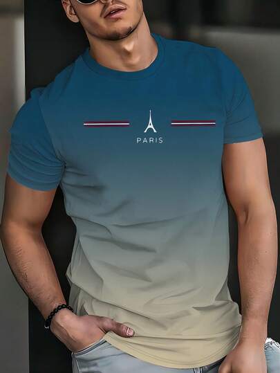 男士休闲渐变3D埃菲尔铁塔印花短袖圆领T恤，条纹图案，夏季休闲短袖T恤，100%涤纶，轻薄面料