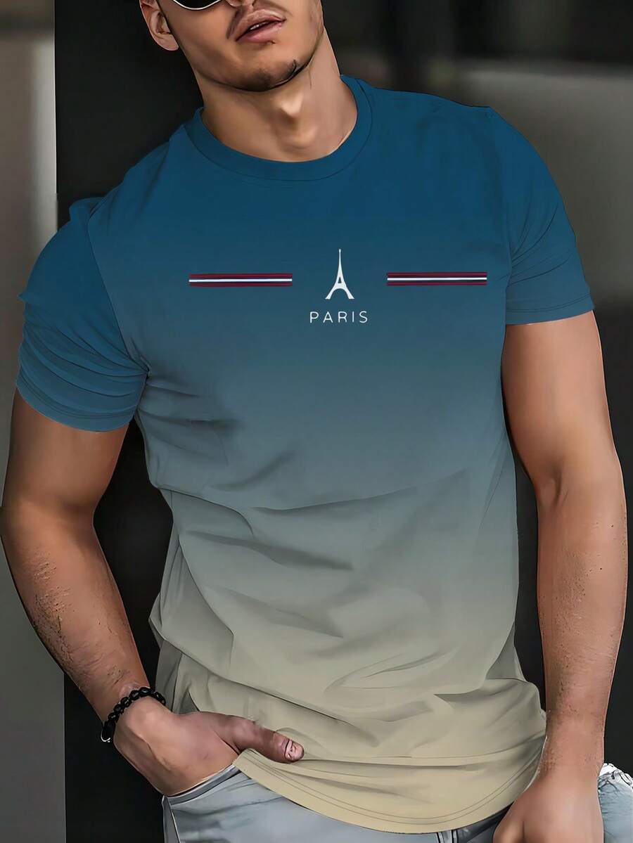 男士休闲渐变3D埃菲尔铁塔印花圆领短袖T恤，条纹图案，夏季休闲短袖T恤，100%涤纶，轻薄面料 - 彩色 - 查看 1