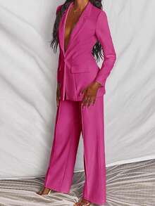 Set de sacou și pantaloni pentru femei, culoare solidă, cu rever, mânecă lungă și un nasture, costum casual de primăvară - Roz fierbinte - Vizualizare 3