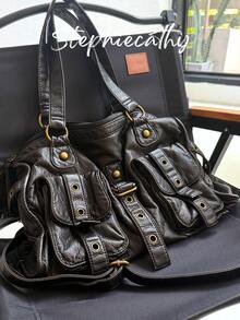 STEPHIECATHY Sac à main vintage pour femme  végétalien PU doux et lavé. Style de rue cool Y2K avec rivets, oeillets et ceinture. Grand sac à bandoulière à longue sangle avec grande capacité, convient pour un ordinateur portable de 13" et plusieurs poches. Idéal pour les déplacements quotidiens, les sorties et le collège. - Multicolore - Voir 2