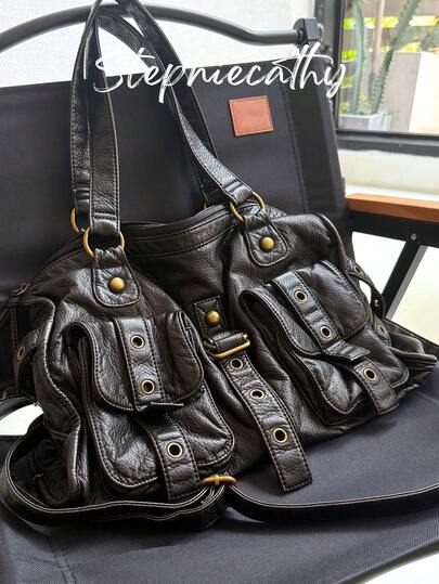 STEPHIECATHY Women's Vintage Soft Washed PU Vegan Leather Handbag Brush Off Color Y2K Cool Street Style Rivets Grommet Eyelets Belt Tote Long Strap Cross Body Shoulder Bag Large Capacity Commuter Bag Fits 13' Laptop Multi Pockets Casual Daily Travel Outing College