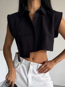 黑色时尚基本款纯色休闲前扣设计无袖短款衬衫 - 黑色 - 查看 1