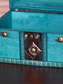 1pc Handmade Vintage Square Wooden & Leather Jewelry Box Blue-Green Color Treasure Chest With Lock, Charming Rustic Elegant Compact Lockable Jewelry Storage Box For Rings Necklaces Earrings Bracelets, Decorative Home Decor Piece For Dressing Table Vanity Bedside, Perfect Holiday Gift For Christmas Thanksgiving Halloween Weddings Anniversaries Birthdays Romantic Keepsake Travel-Friendly Organizer For Small Accessories