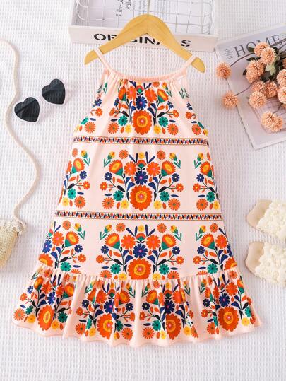 1pc Girls Casual Flower & Geometric Allover Print Dress, Outdoor Wear Spring/Summer