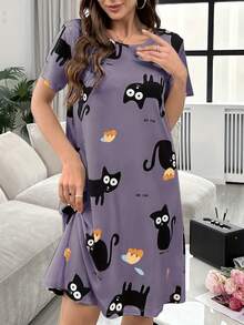 Váy ngủ tay ngắn rộng rãi, mềm mại, thoải mái, họa tiết mèo hoạt hình dành cho nữ - Màu tím - Xem 5