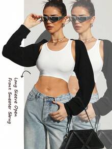 OZICERD Women Knit Bolero Shrug Cardigan Sweater For Women Fall Sweaters Oversized Loose Fit Cropped Short Cardigans Shrugs Open Front Jumper Going Out Tops Y2k Rave Outfit Long Arm Sleeve Crop Cardigan Chandail Femme - 黑色 - 查看 4