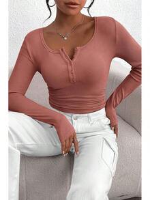 Women's 2026 Fall Long Sleeve Henley T Shirts Button Ribbed Knit Slim Fit Basic Tops Blouse Casual Outfits/Vacation Outfits Women/Valentine Outfits For Women - Màu hồng thạch nam - Xem 5
