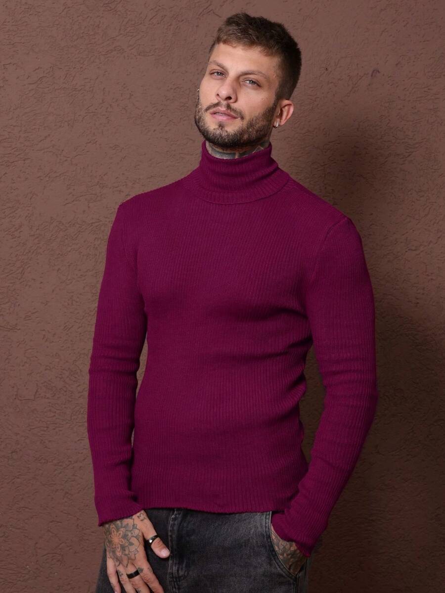 Blusa De Frio Cacharrel Masculina Gola Alta Tricô Suéter masculino slim Blusa térmica Blusa de frio - Fúcsia - Visão 1