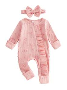 Baby Girl Spring Fall Winter Clothes Newborn Baby Girl Hospital Going Home Outfit Ribbed Footed Romper Bow Print Long Sleeve Full Length Ruffle Zipper Footie Jumpsuit Headband - Pink - View 2