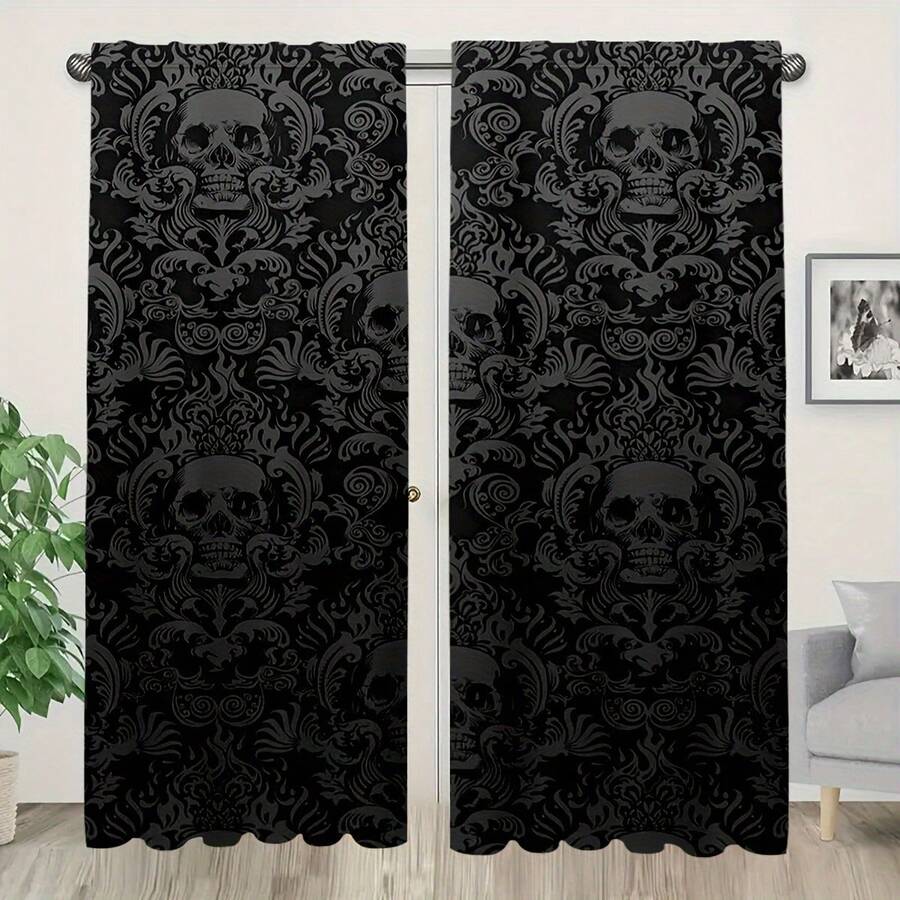 2pcs Skull Print Curtain Set - Suitable For Bedroom, Living Room And Bathroom Decor, Machine Washable Polyester, Great For Halloween - Multicolor - View 1