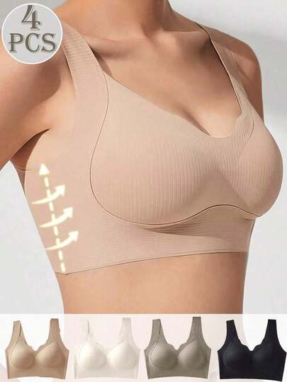Set de 4 Sujetadores sin costuras con efecto push-up para mujer, cómodos y casuales, tipo bralette, ropa interior tipo top, color nude, estilo básico, sin aros, para yoga y deportes, con borde ondulado ribeteado