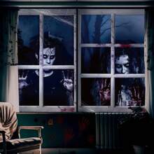 2pcs-Halloween Zombie Couple Window Cover - Bloody Gothic Horror Scene Printed Polyester Fabric, Terrifying Haunted House Decor For Indoor Outdoor,Scary Window Drape With Distressed Effects & Dark Red Stains