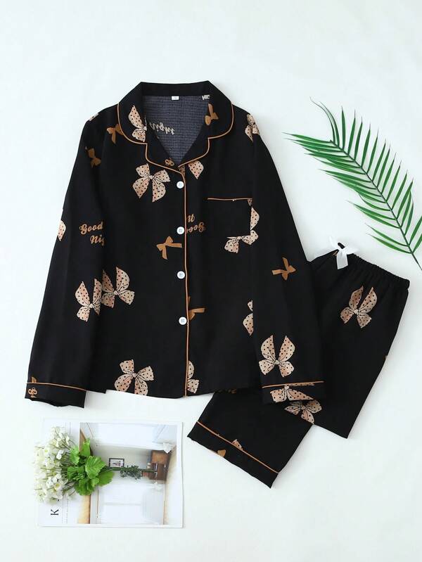 Conjunto de pijama de satén con estampado de lazo, blusa de manga larga y pantalón largo para mujer, ropa de otoño