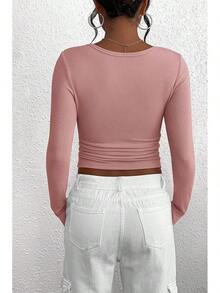 Women's 2026 Fall Long Sleeve Henley T Shirts Button Ribbed Knit Slim Fit Basic Tops Blouse Casual Outfits/Vacation Outfits Women/Valentine Outfits For Women - 藕粉色 - 查看 2