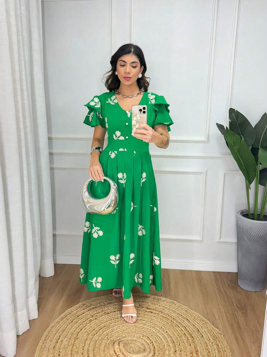 Midi Dress Fabric Tulle Embroidered Lining Princess Sleeve Floral Leaf Cut And Sew Fabric Layered Buttons On Front Pleated Women's Long Dress Striped Formal And Evening Spring/Summer - 橄欖綠 - 查看 1