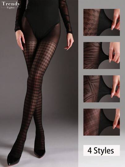 1 Stück 50D Schwarze Skinny Strumpfhose, sexy vintage Jacquard Strumpfhose, figurformende transparente Leggings für Frauen, Tiger Streifen & Hahnentrittmuster, hohe Elastizität, geeignet für alle Jahreszeiten