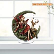 2D Flat, 1pc Rotating Acrylic Decor - Christmas Elf On Crescent Moon With Wing, Reindeer And Holly Pattern Details, Vibrant Colors, For Holiday Display, Festive Gatherings, All Season Home Decor (Bedroom, Kitchen, Living Room)