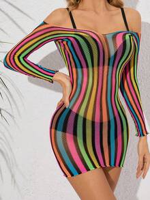 女士性感内衣卧底网眼镂空透视渔网连体衣透明睡衣吊带背心裙紧身衣 - 彩色 - 查看 3