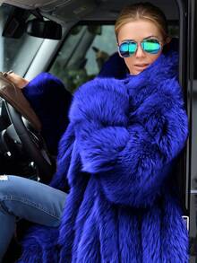 Comfortable Women's Long Faux Fur Coat, Oversized Fit, Royal Blue, Waterfall Collar, Regular Sleeve, Fuzzy Details, Non-Stretch Fabric Winter - 寶藍色 - 查看 5