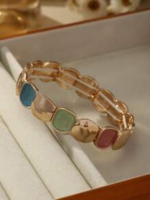 Elegant Vintage Minimalist Style Elastic Zinc Alloy Bracelet For Women - KC Gold Plated Oval Glossy & Matte Design, Versatile For Daily Wear, Formal Events, Sophisticated Gift