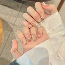 10 件手工法式蝴蝶结珍珠花优雅按压式指甲美甲用品指甲 - 杏色 - 查看 3