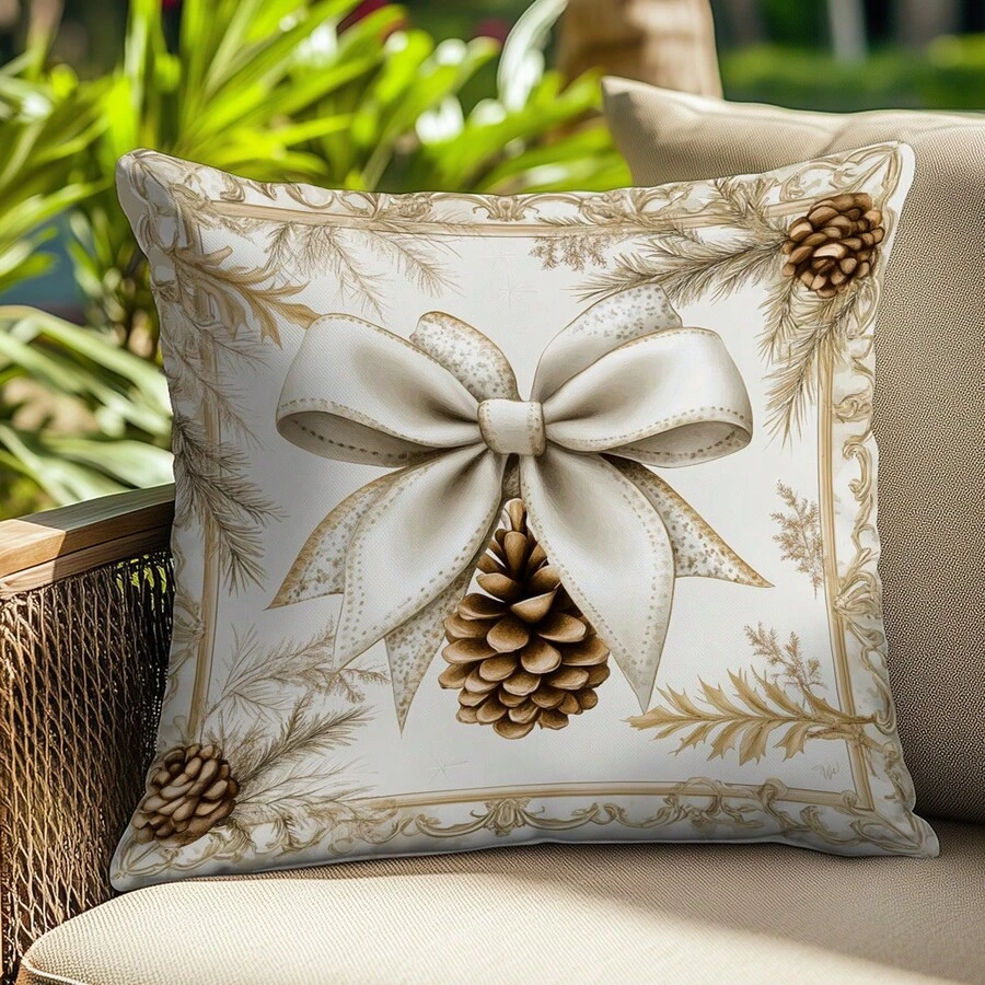1 Stück Vintage Schleife Tannenzapfen Dekorativer Kissenbezug, einseitig aus weichem Pfirsich-Samt, 45*45CM, geeignet für Raumdekoration, moderne Sofas, Inneneinrichtung, Partys, Geschenke - Verschiedenfarbig - Übersicht 1