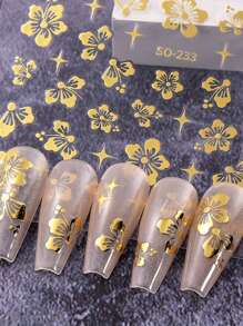 6 Pieces Of Spring And Summer Hibiscus Nail Art Stickers - White, Pink, Blue, Silver, Gold, Yellow Fresh Hibiscus Flower, Hibiscus Flower Art Design, 3D Flat Technology, Suitable For Women's Daily, Wedding, Holiday, Disposable Self-Adhesive Back Adhesive Nail Art Stickers, Simple, Light Luxury, Chinese Style Theme Style, Easy To Stick Nail Decoration Stickers
