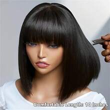 Elegant Short Bob Human Hair Wig With Bangs For Women, 200% Density, Glueless Straight Full Machine Made, Natural Black - Rose Net Cap, Comfortable & Stylish For Casual Attir - S1 - Xem 3