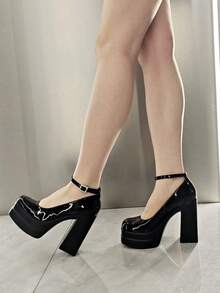 Mary Jane High Heeled Sandals Platform Chunky Heels For Women Closed Square Toe Buckled Ankle Strap ​Sandals Fashion Dress Party Pumps Valentine's Day Outfits - 黑色 - 查看 5