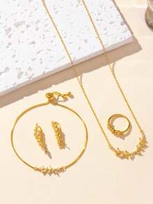 5 件/套优雅女士珠宝套装，银色方晶锆石花项链，可调节手链，耳环，戒指，不褪色礼品珠宝，订婚 - 復古銀色 - 查看 10