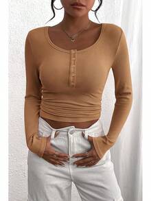Women's 2026 Fall Long Sleeve Henley T Shirts Button Ribbed Knit Slim Fit Basic Tops Blouse Casual Outfits/Vacation Outfits Women/Valentine Outfits For Women - 淺駝色 - 查看 4