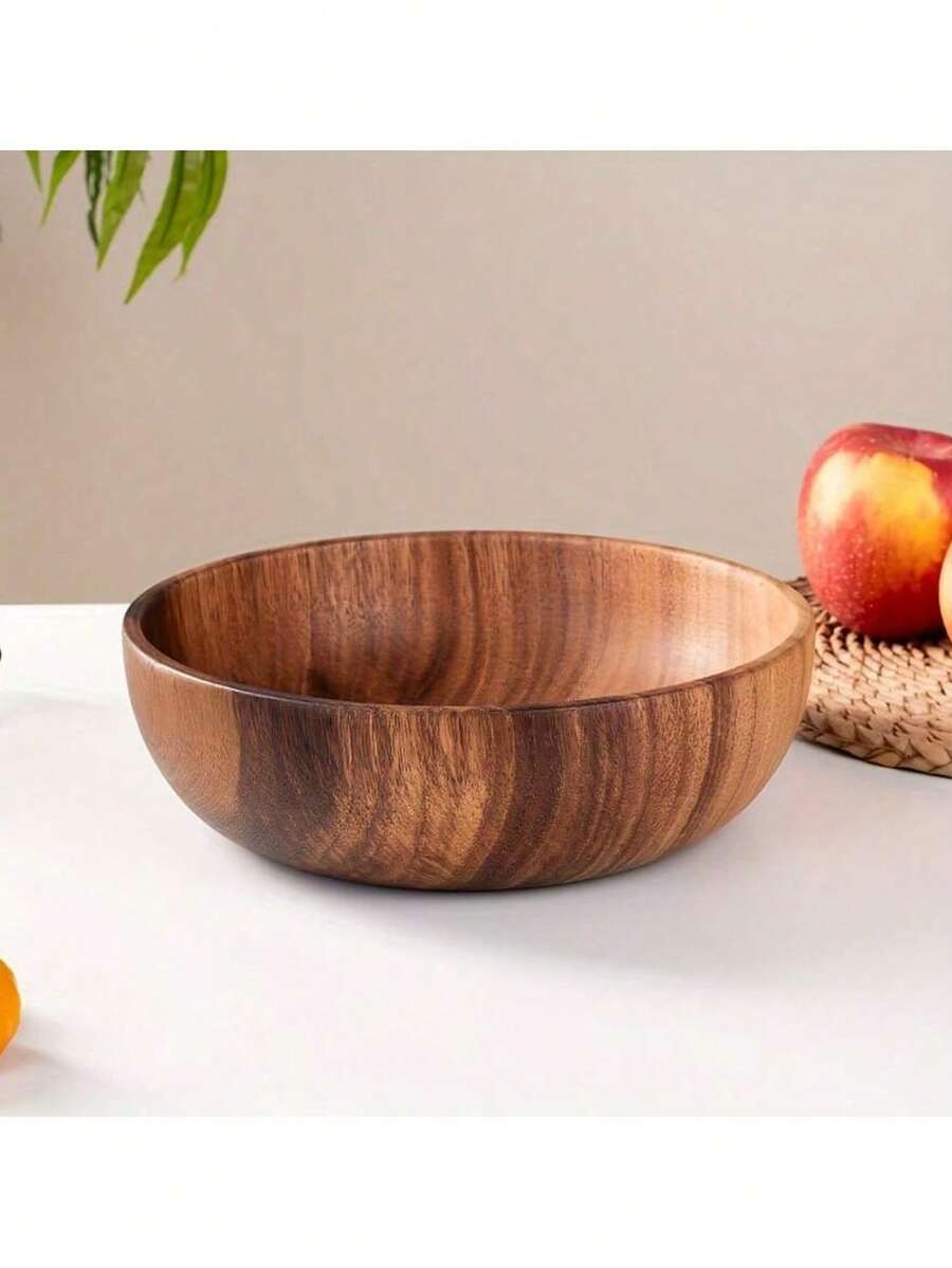 1pc Luxury Large Round Handcrafted Acacia Wood Salad Bowl - Wooden Serving Dish For Home And Restaurant Use - Elegant Unique Grain Pattern Restaurant Tableware - Brown - View 1