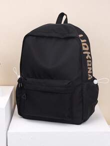 1 szt. Czarny nylonowy materiał, gładki zamek błyskawiczny, nadruk liter, dekoracja, sznurek ściągający, modny, jednolity kolor, duża pojemność, plecak unisex z przegrodą na komputer - Czarne - Zobacz 5