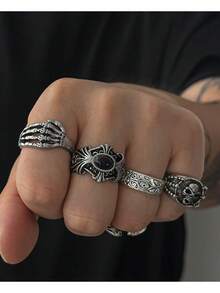 5 件朋克风格骷髅眼戒指套装，男士休闲日常佩戴 - 復古銀色 - 查看 4