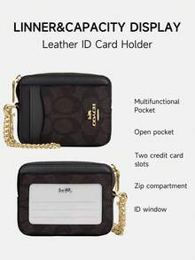 Coach 女士迷你拉链卡包，带透明证件窗口，小巧便携，可用作信用卡夹、零钱包，配有可拆卸腕带 - 胡桃木色拼黑色 - 查看 5