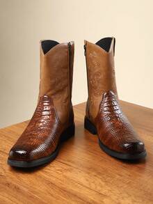 1 Pair Fashionable Western Cowboy Boots, Breathable Round Toe Boots, British Style Leather Boots For Men, Minimalist Retro Zipper Leather Boots - Brown - View 2